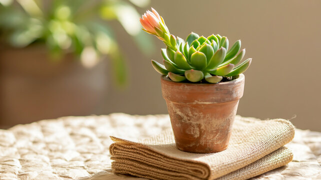 Discover delicate succulent beauty with a new bloom emerging in a terracotta pot on a textured surface