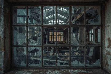 Grimy glass pane in deserted industrial facility with contrasting backdrop, high resolution image