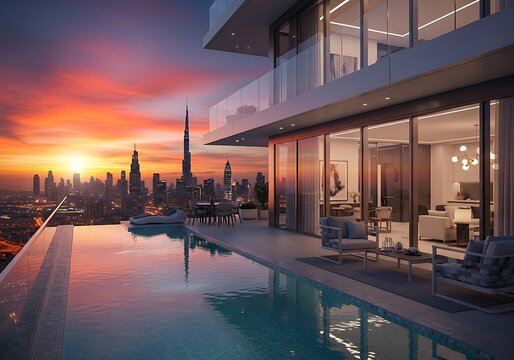 Rooftop infinity pool overlooking Dubai skyline at sunset