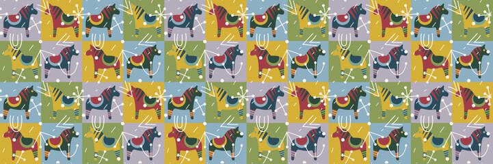 Cozy, warm pattern with Swedish horses in Scandinavian style. Fashionable symbol of the new year. Christmas background in the form of a patchwork quilt with squares for wrapping paper and fabric.
