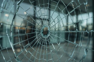 Obraz premium Shattered windowpane photographed outdoors near a structure