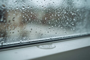 Detailed view of moisture and droplets forming inside contemporary plastic windows. Accumulation of water is visible on the window ledge.