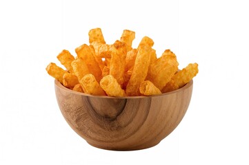Wooden bowl filled with chips on a plain white surface