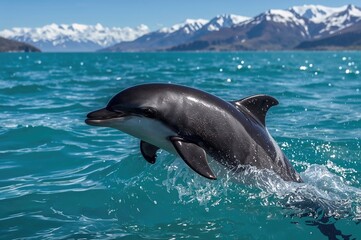 Fototapeta premium Dolphin jumping above the sea in a remote wilderness
