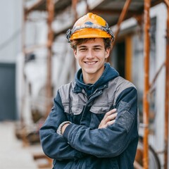 Naklejka premium Smiling young construction worker wearing helmet outdoors
