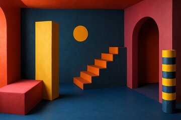 Surreal and abstract architectural interior with bold geometric shapes and vibrant colors.

