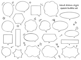 シンプルな手描き風の会話の吹き出し(speech bubble) フレーム素材セット 線画・白黒	