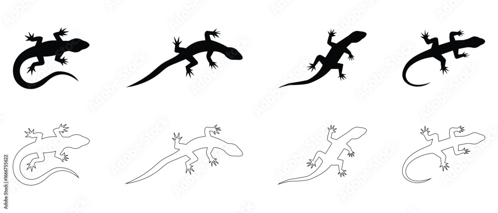 Poster lizard icon set. lizard silhouette and stroke vector illustration sign symbol. black reptile web gra