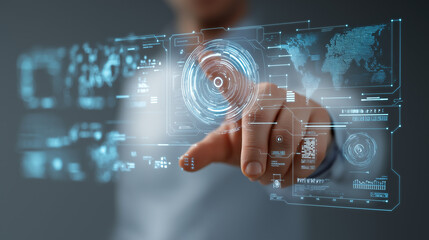 futuristic holographic touchscreen with businessman interacting, glowing UI design, stock photography