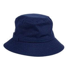 A solid navy blue bucket hat with a adjustable strap.