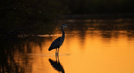 Fototapeta premium A serene great blue heron standing in golden water at sunset, creating a peaceful and picturesque wildlife scene
