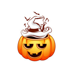 Obraz premium Spooky Pumpkin Halloween: A cheerful jack-o'-lantern wears a witch's hat, with bats and tombstones, representing the spirit of Halloween in a whimsical, digitally crafted illustration. 