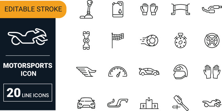 Motorsports vector icon set collection with racing car, helmet, bike, speed, championship, track and adrenaline competition