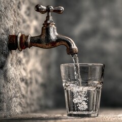 Water pouring from old faucet into glass on gray wall