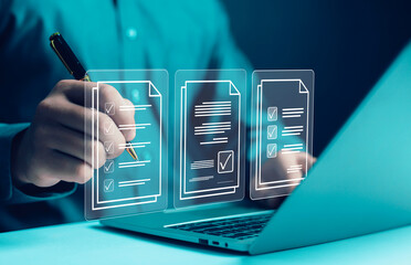 Electronic signature Businessman signs electronic document on digital document on page Electronic...