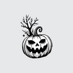 Obraz premium Spooky Jack-O'-Lantern: A chilling black and white illustration of a carved pumpkin with a sinister grin, perfect for Halloween.
