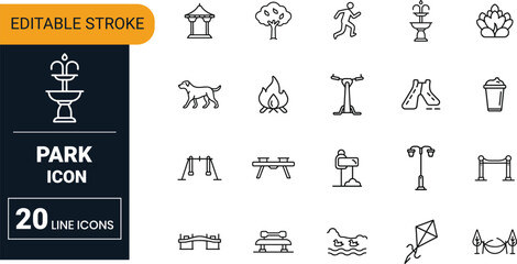 Park vector icon set collection with tree, bench, walking path, playground, greenery, outdoor leisure and recreational space