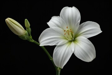 Detailed view of a solitary white Lisianthus bloom with unopened buds against a dark backdrop
