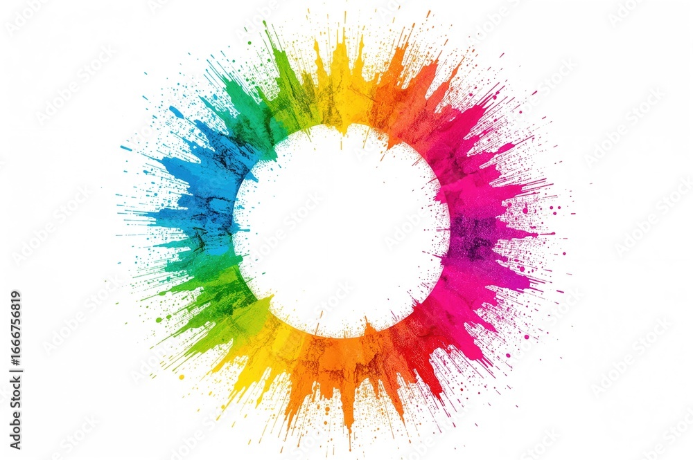 Poster vibrant holi color burst forming a circular pattern with blank space on a white backdrop. festive an