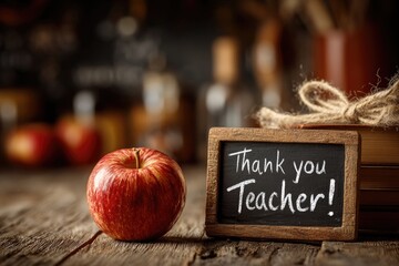 An apple on a desk with a stack of books, a chalkboard in the background with "Thank You, Teacher!" written on it.
