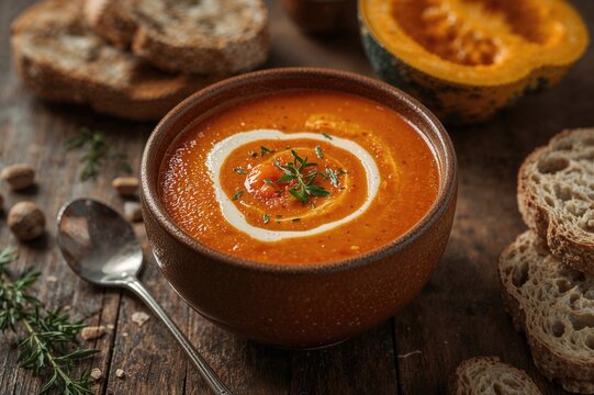 Rich tomato bisque with creamy texture, focused and isolated with empty space