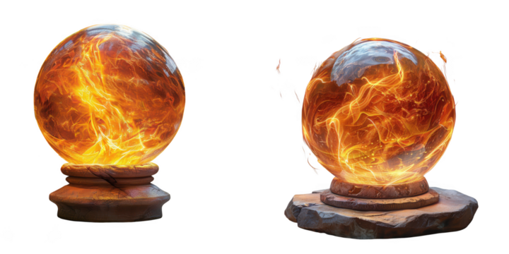 Two glowing lava crystal balls on pedestals, isolated on transparent background