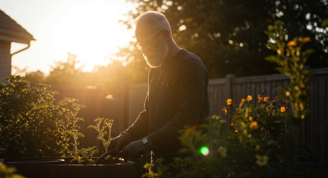 Senior man gardening in his backyard at sunset, embracing an active lifestyle