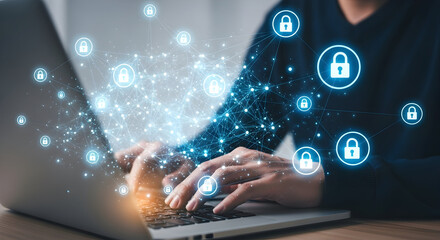 Digital Security Network Protecting Data on Laptop, Person Typing