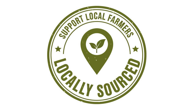 Green vector stamp promoting local food systems, advocating for consumer support of regional farmers and the benefits of choosing locally sourced fresh produce