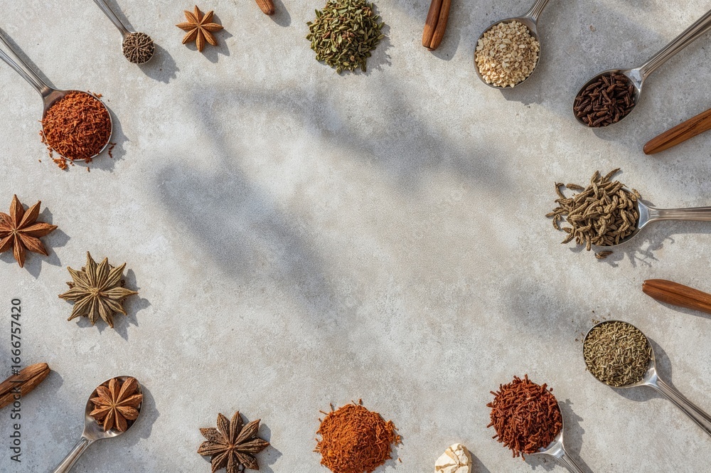 Poster various fragrant spices displayed on a pale gray surface, close-up view with room for text