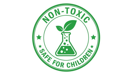 Green non-toxic product label for child safety, with a plant sprout in a laboratory beaker, symbolizing natural and eco-friendly health quality assurance