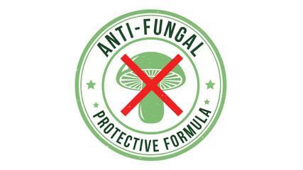 Green circular emblem illustrating an anti-fungal protective formula, effectively depicting a crossed-out mushroom icon to symbolize defense against fungal elements and promote hygiene