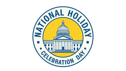 An emblematic illustration for a national holiday, depicting a classic government building within a festive circular design, symbolizing civic pride, unity, and commemoration
