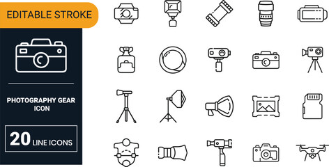 Photography gear vector icon set collection with camera, lens, tripod, flash, studio light, photo equipment and accessories