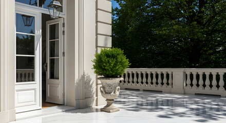An inviting entryway presents a refined white balcony with a classically designed balustrade, complemented by an urn-shaped planter holding a lush topiary, hinting at a serene and elegant outdoor