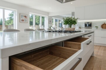 Fototapeta premium Detailed view of a contemporary kitchen countertop in white and grey with open drawers