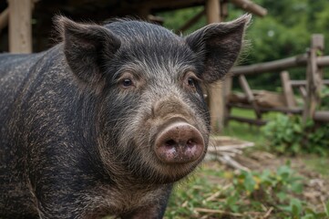 Close-up shot of a large black pig from a rural farm