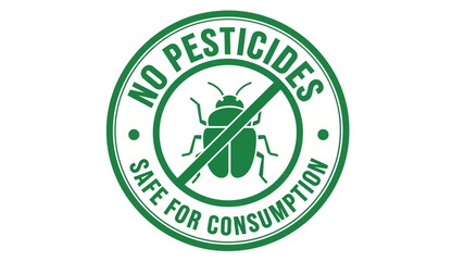 Green circular 'No Pesticides, Safe for Consumption' badge illustration with a crossed-out insect, symbolizing organic, natural, and healthy food products