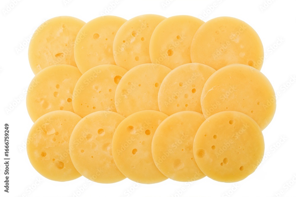 Poster cheese wedges arranged on a white surface with a transparent background, circular gouda cheese piece