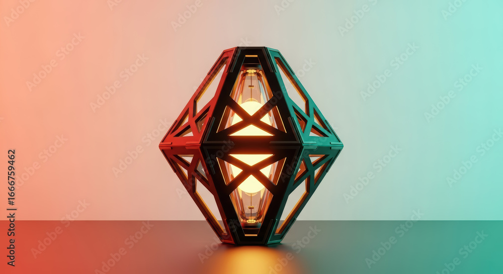 Poster geometric lamp design featuring a striking diamond shape with intricate black framework and warm glo