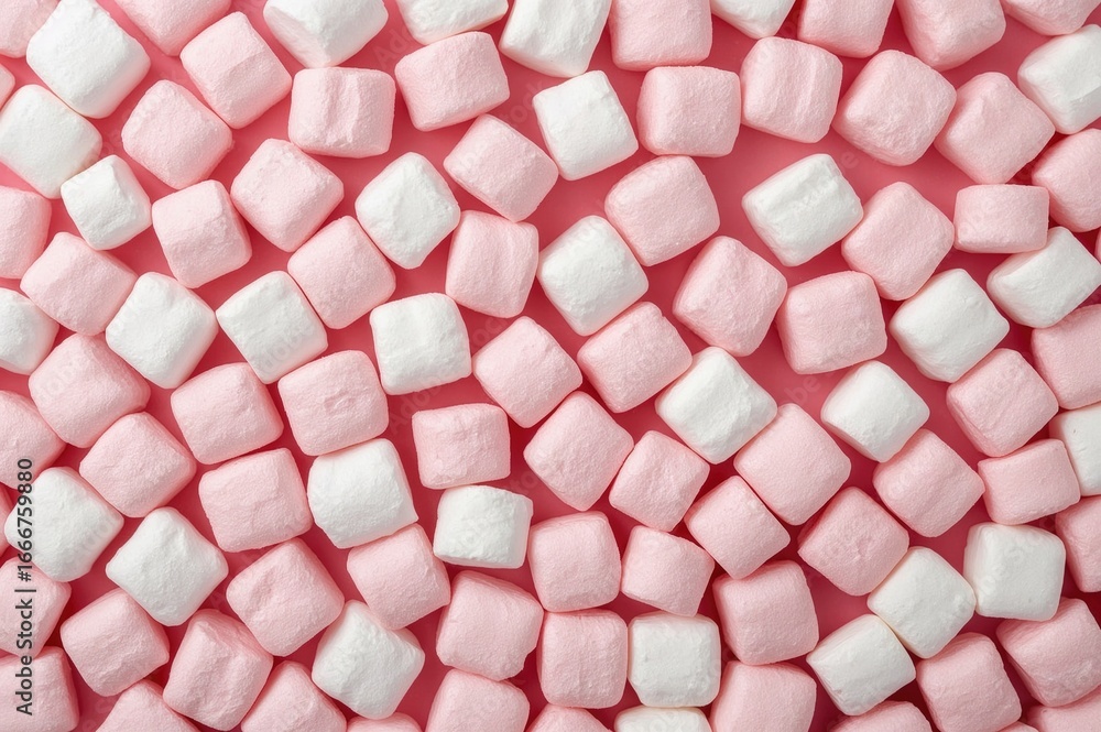 Poster bright marshmallow pattern with empty space. overhead shot. flat arrangement.