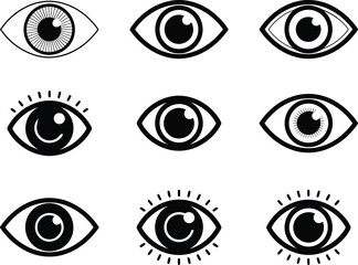 Collection of Nine Stylish Black and White Eye Icons: Minimalist, Modern, and Versatile Designs for Branding, eye, eyes, icon, icons, set, black, white, simple, minimal, graphic, design, illustration