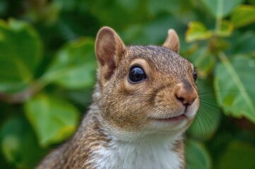 Obraz premium Close-up view of a squirrel's upper face focusing on its shiny dark eye against a soft green foliage backdrop