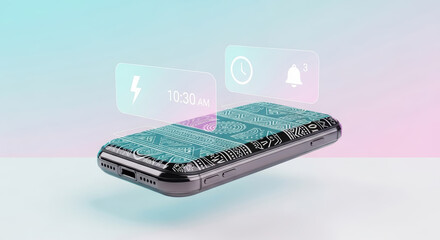 Smartphone mock up with vibrant patterned case, displaying holographic notifications and icons, set against a soft gradient background, showcasing modern technology and design innovation