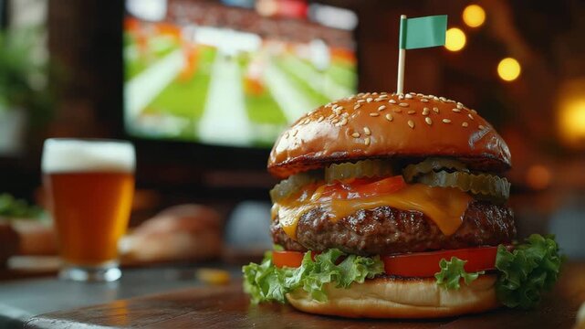 Juicy cheeseburger with pickles and lettuce in sports bar setting with big screen with american football game on