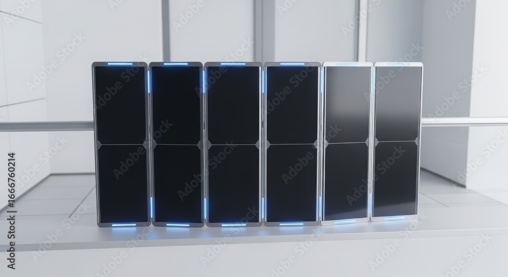 Poster futuristic mock up of sleek digital screens arranged in a modern workspace, showcasing advanced tech