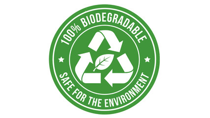 Eco-friendly green badge indicating 100% biodegradability and environmental safety, with a prominent recycling symbol and a natural leaf design