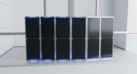 Futuristic mock up of sleek digital screens arranged in a modern workspace, showcasing advanced technology with illuminated edges and a minimalist design concept