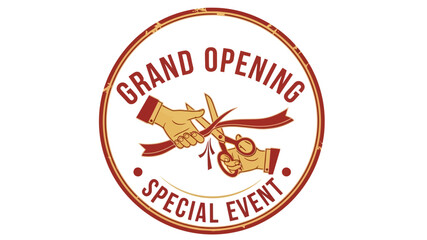 An inviting retro-style graphic emblem depicting a ceremonial ribbon cutting, symbolizing the launch of a grand opening or a significant special event