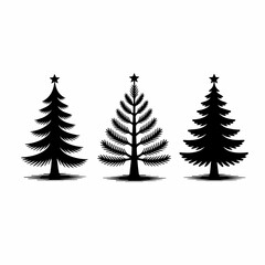Three stylized black christmas trees with stars on white background